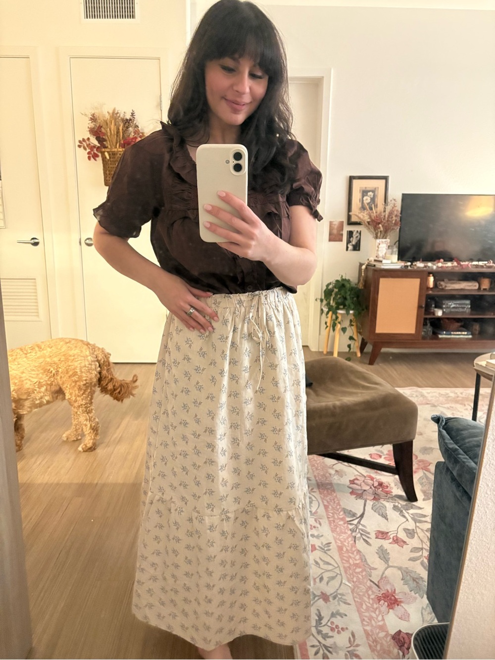 Cream Floral Tiered Midi Skirt with Drawstring Waist - Picture 3 of 3